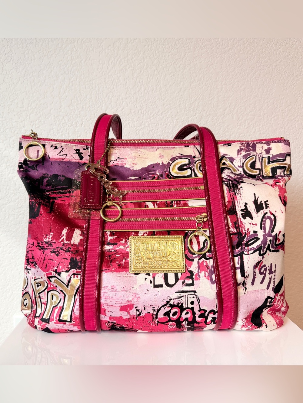 Coach Poppy Graffiti Glam Y2K Vintage Multicolor Satin Tote Bag Pink
